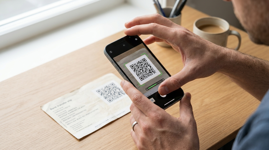 การสแกน QR Code บนสลิปโอนเงินผ่านแอปธนาคารเพื่อตรวจสอบประวัติธุรกรรม